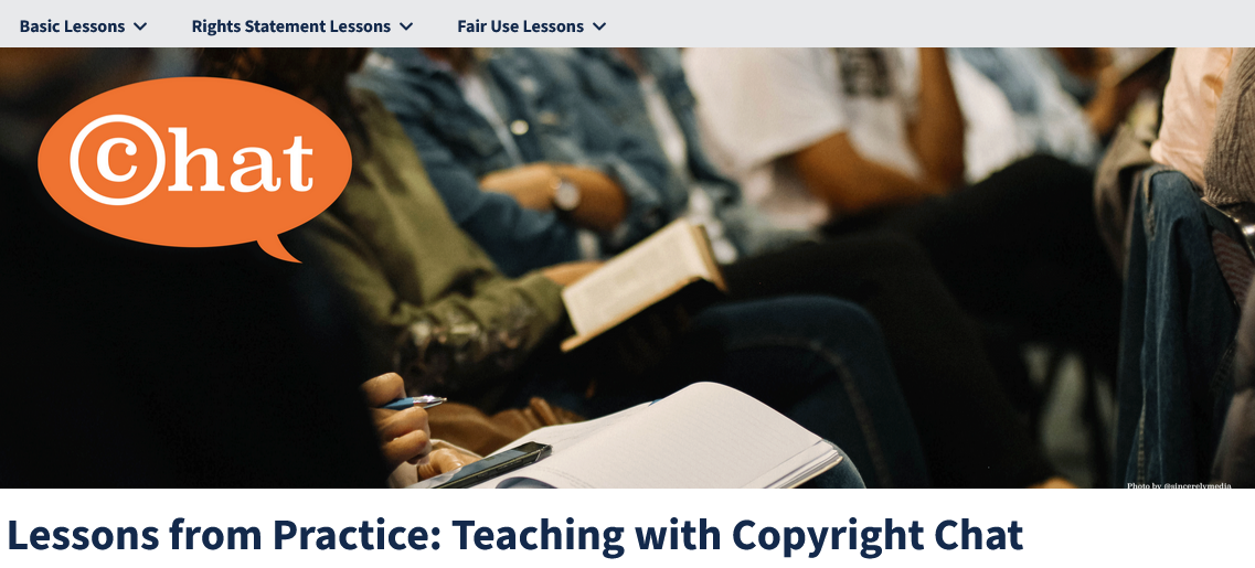 Screen capture of Teaching with Copyright Chat Podcast, featuring the logo and header image of the site, basic navigation, and title: Lessons from Practice: Teaching with Copyright Chat"